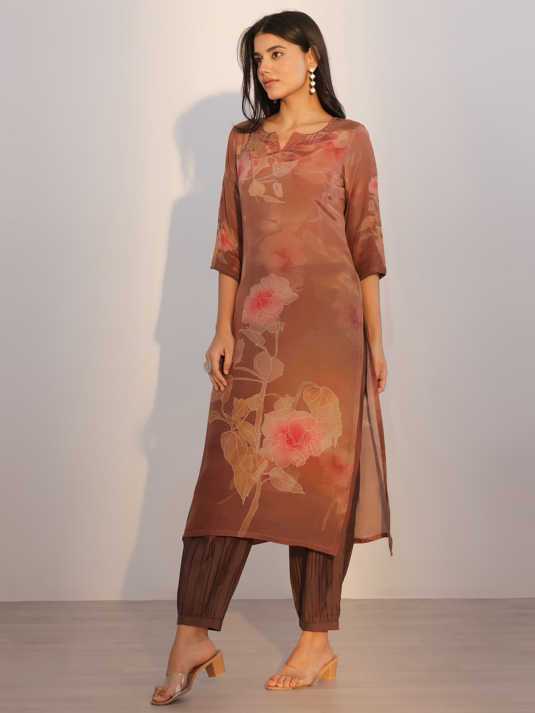 Brown Printed Silk Blend Straight Suit With Dupatta