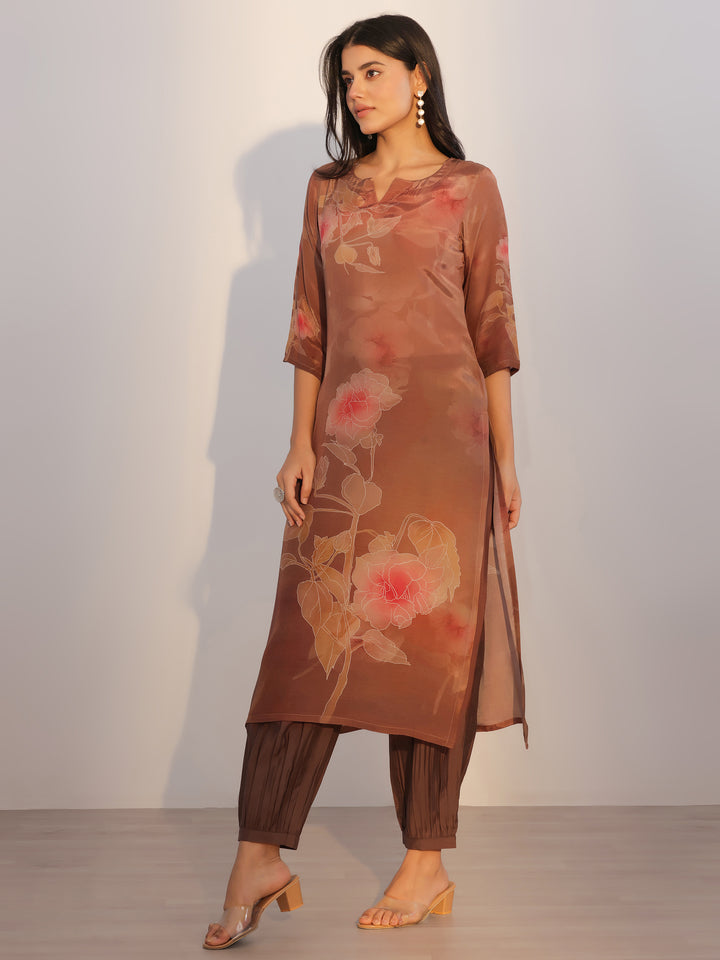 Brown Printed Silk Blend Straight Suit With Dupatta