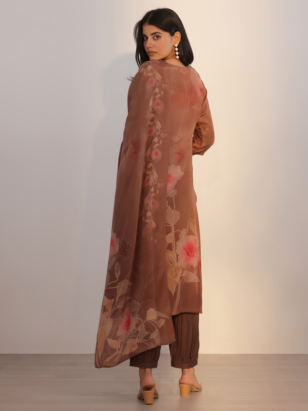 Brown Printed Silk Blend Straight Suit With Dupatta