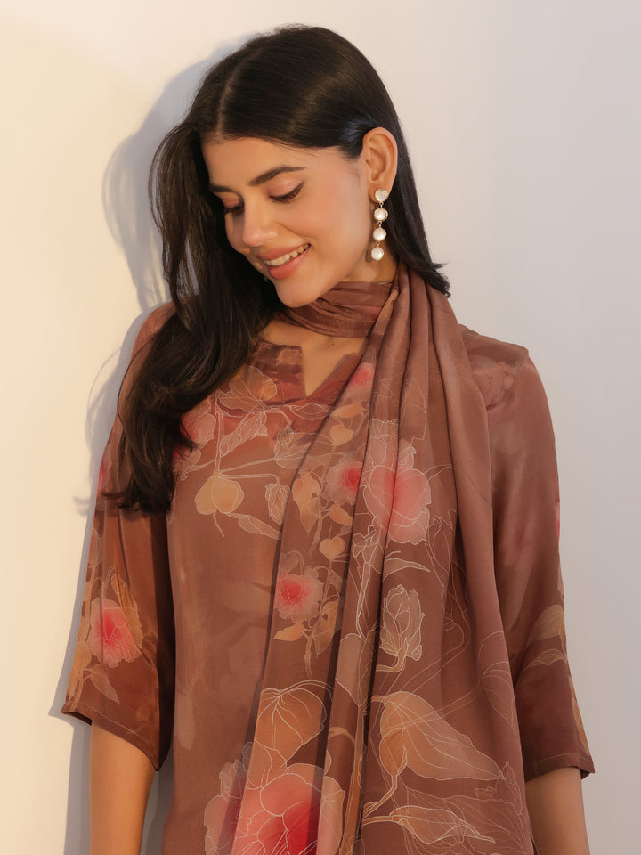 Brown Printed Silk Blend Straight Suit With Dupatta