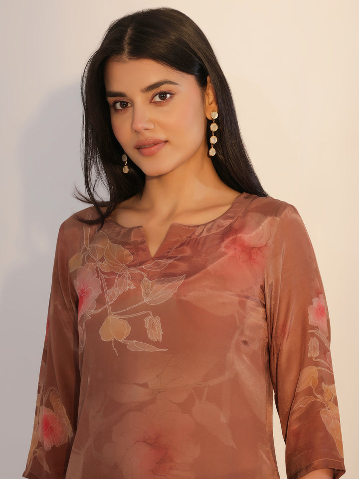 Brown Printed Silk Blend Straight Suit With Dupatta