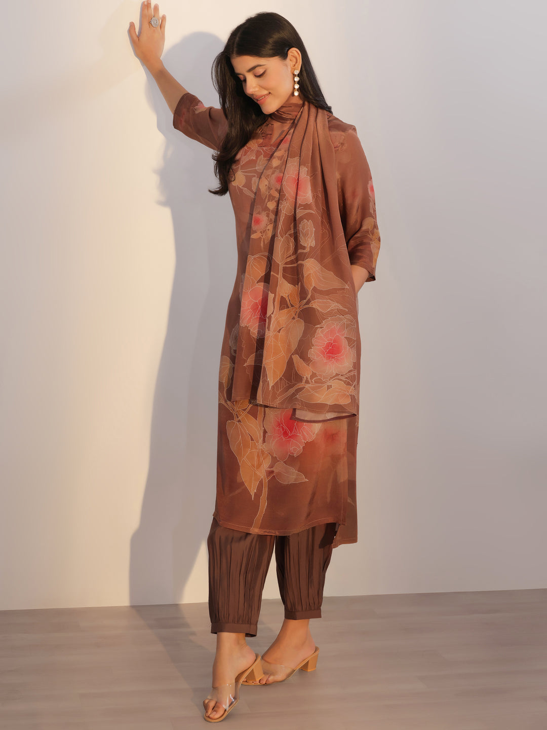 Brown Printed Silk Blend Straight Suit With Dupatta