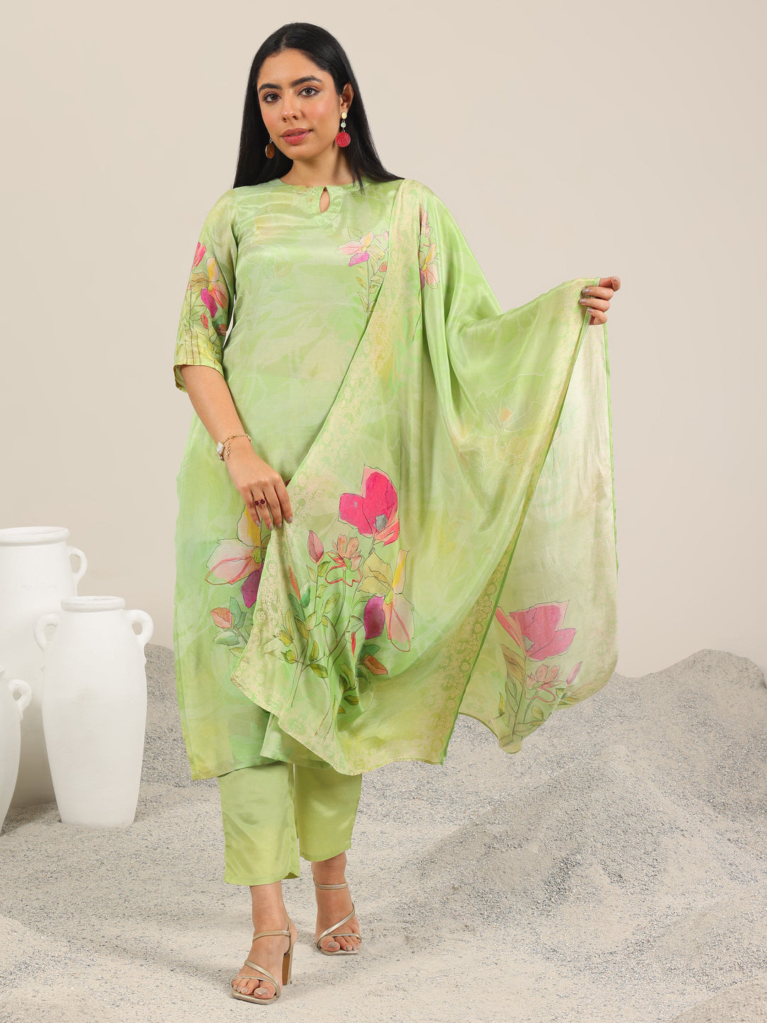 Green Printed Silk Blend Straight Suit Set With Dupatta