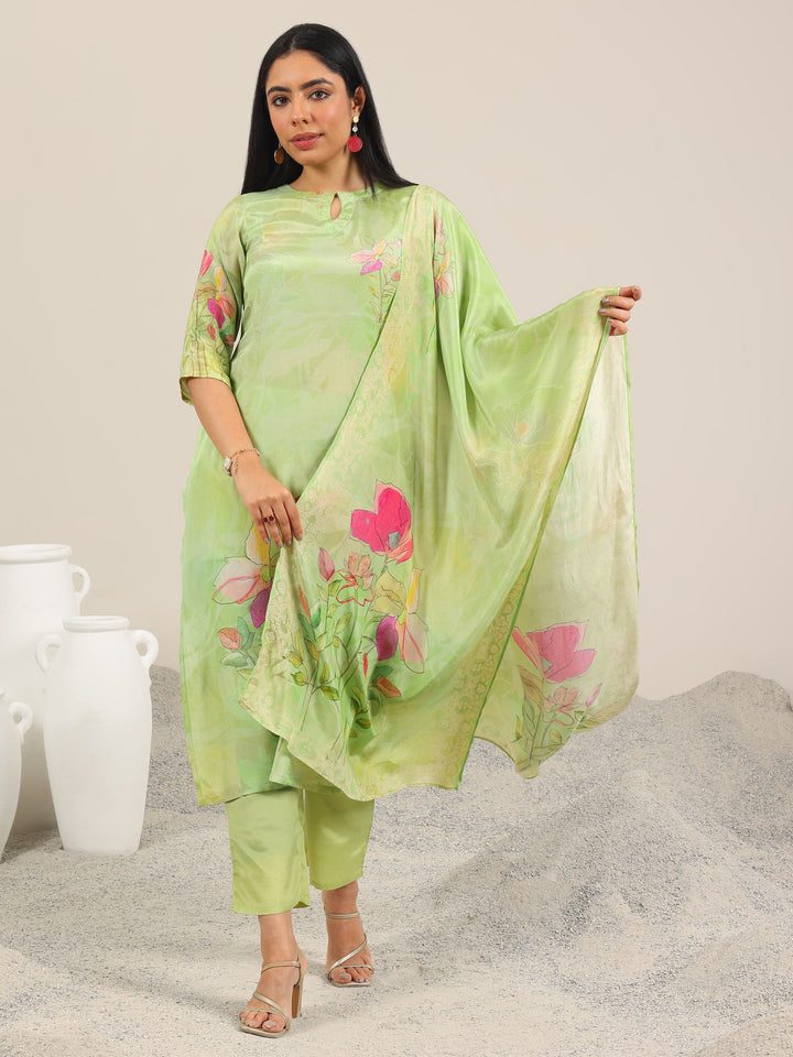 Green Printed Silk Blend Straight Suit Set With Dupatta