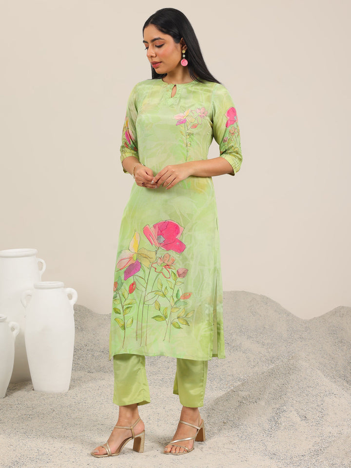 Green Printed Silk Blend Straight Suit Set With Dupatta