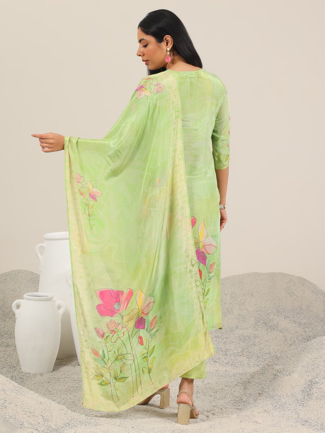 Green Printed Silk Blend Straight Suit Set With Dupatta