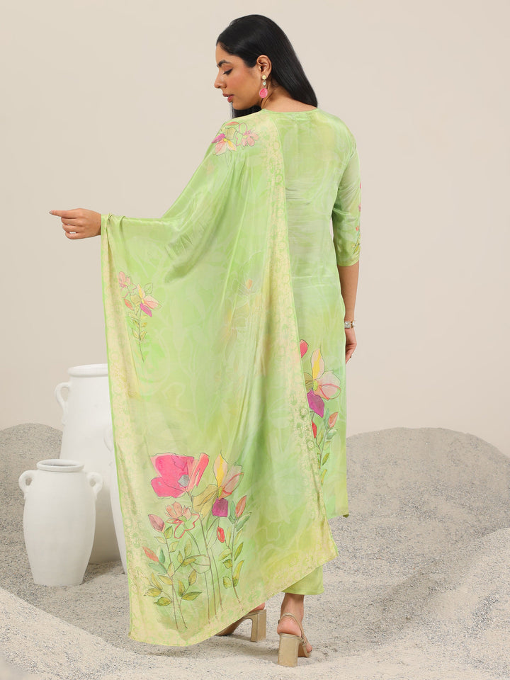 Green Printed Silk Blend Straight Suit Set With Dupatta
