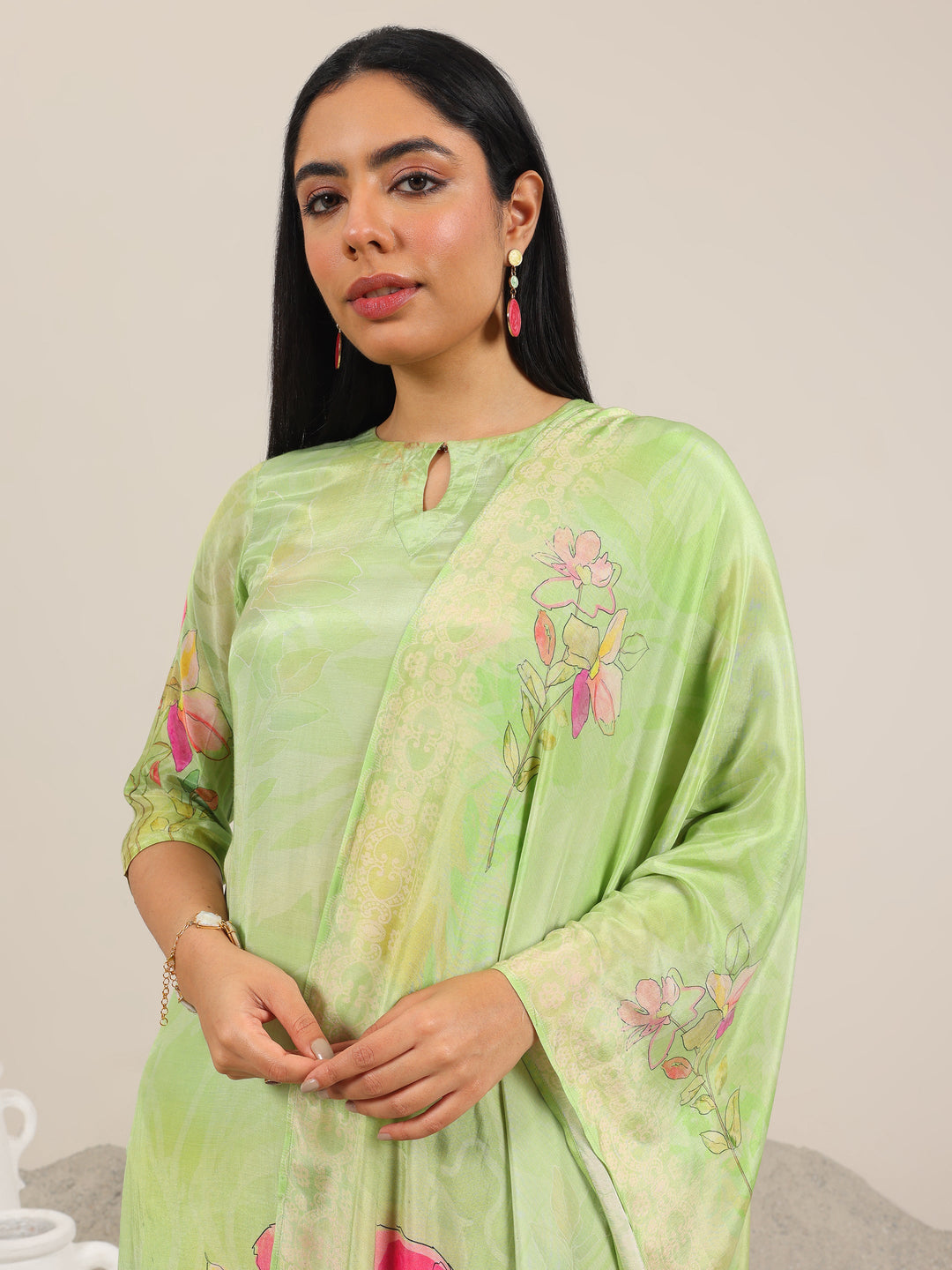 Green Printed Silk Blend Straight Suit Set With Dupatta