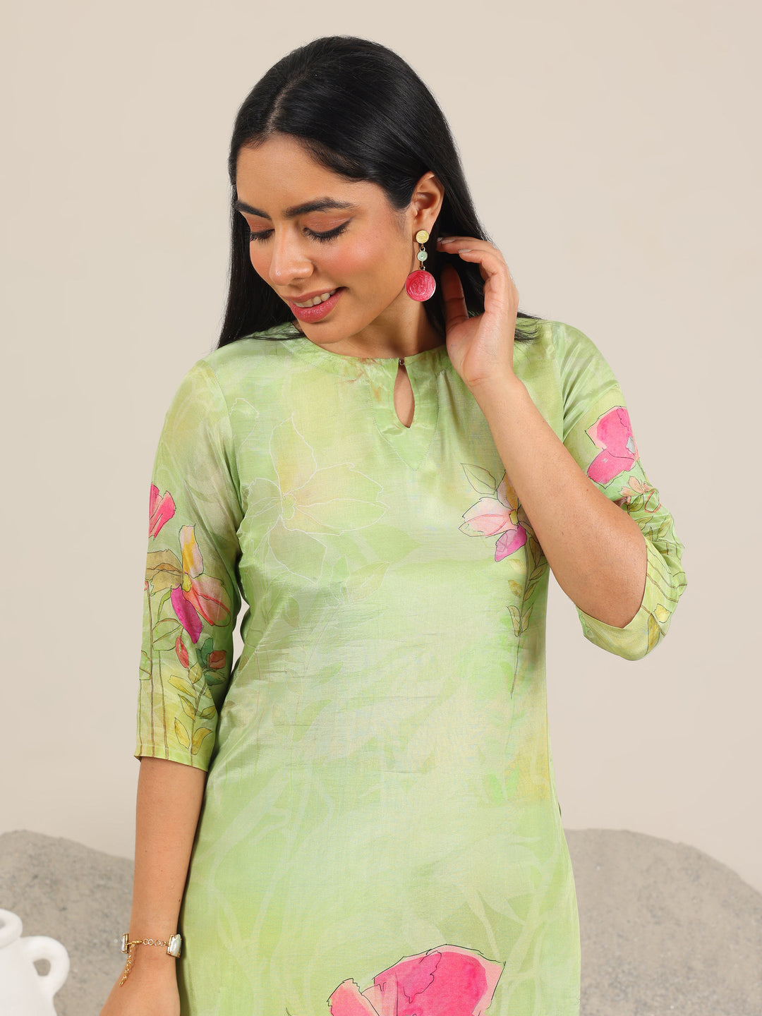 Green Printed Silk Blend Straight Suit Set With Dupatta