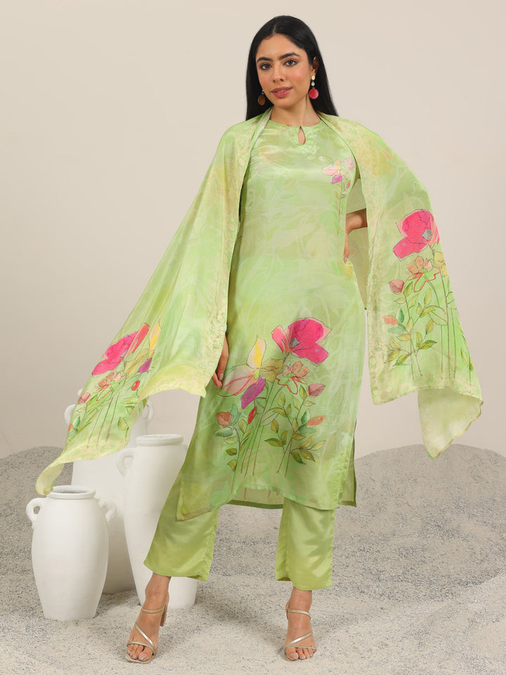 Green Printed Silk Blend Straight Suit Set With Dupatta