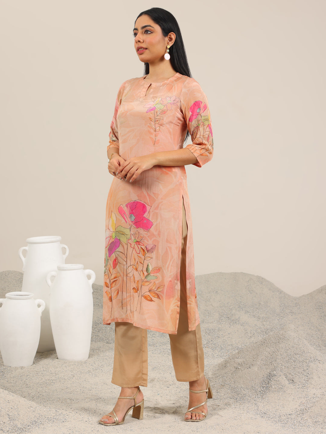 Peach Printed Silk Blend Straight Suit Set With Dupatta