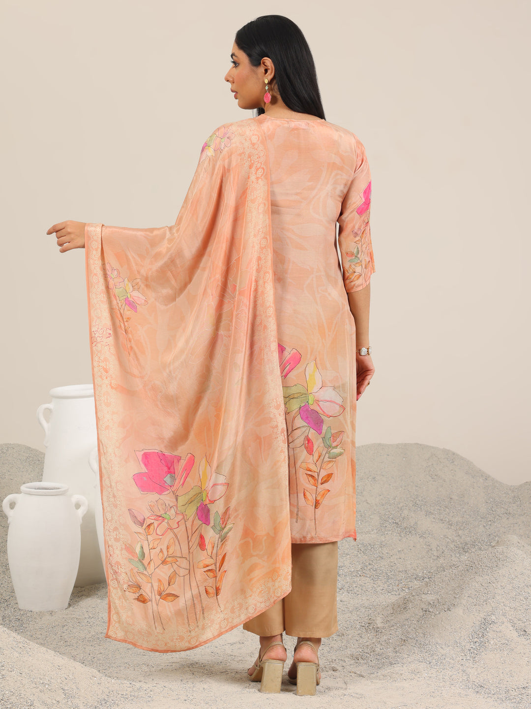 Peach Printed Silk Blend Straight Suit Set With Dupatta