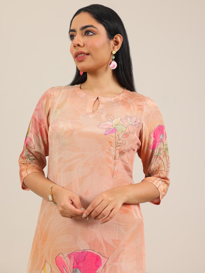 Peach Printed Silk Blend Straight Suit Set With Dupatta