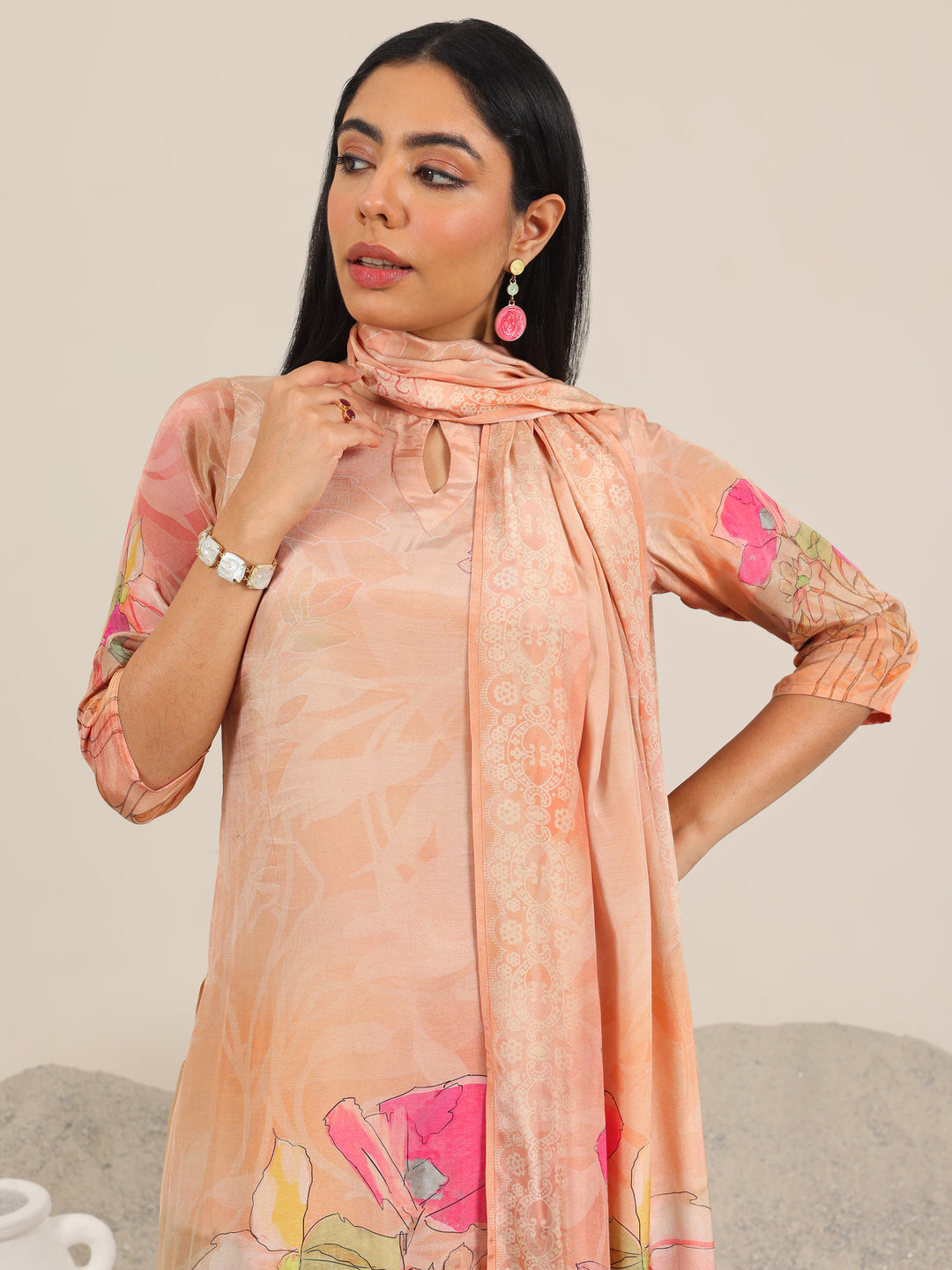 Peach Printed Silk Blend Straight Suit Set With Dupatta