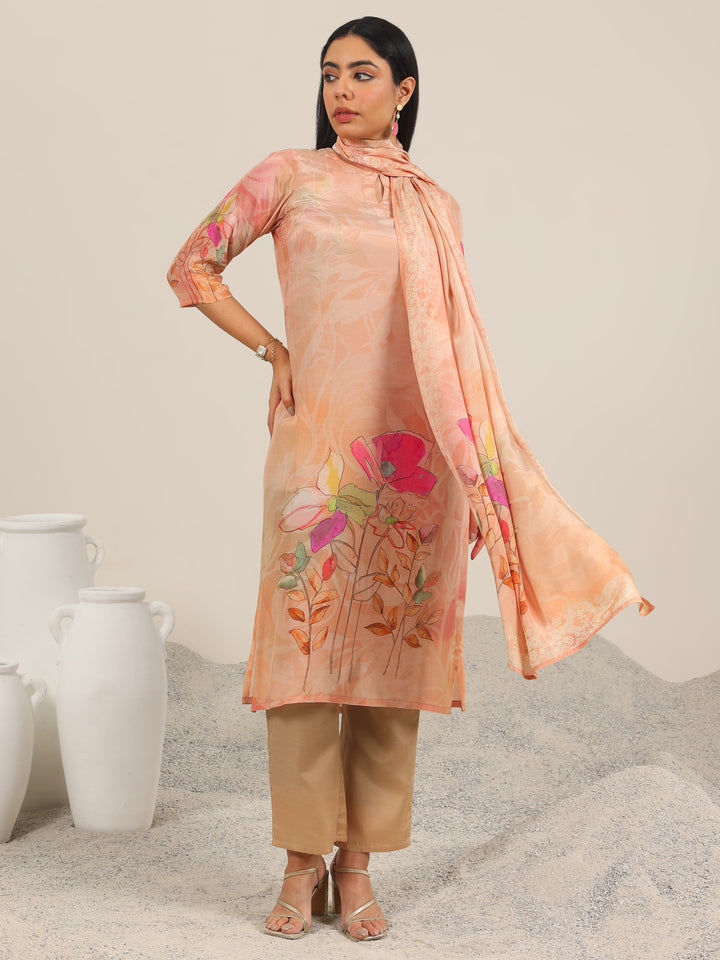 Peach Printed Silk Blend Straight Suit Set With Dupatta