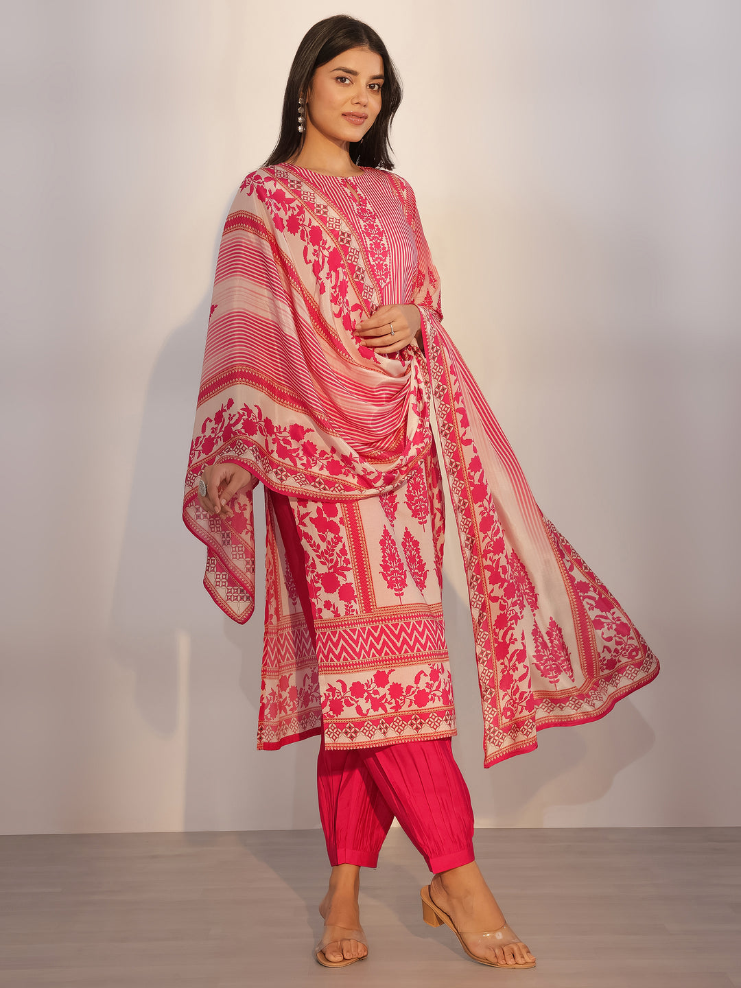 Pink Printed Silk Blend Straight Suit With Dupatta