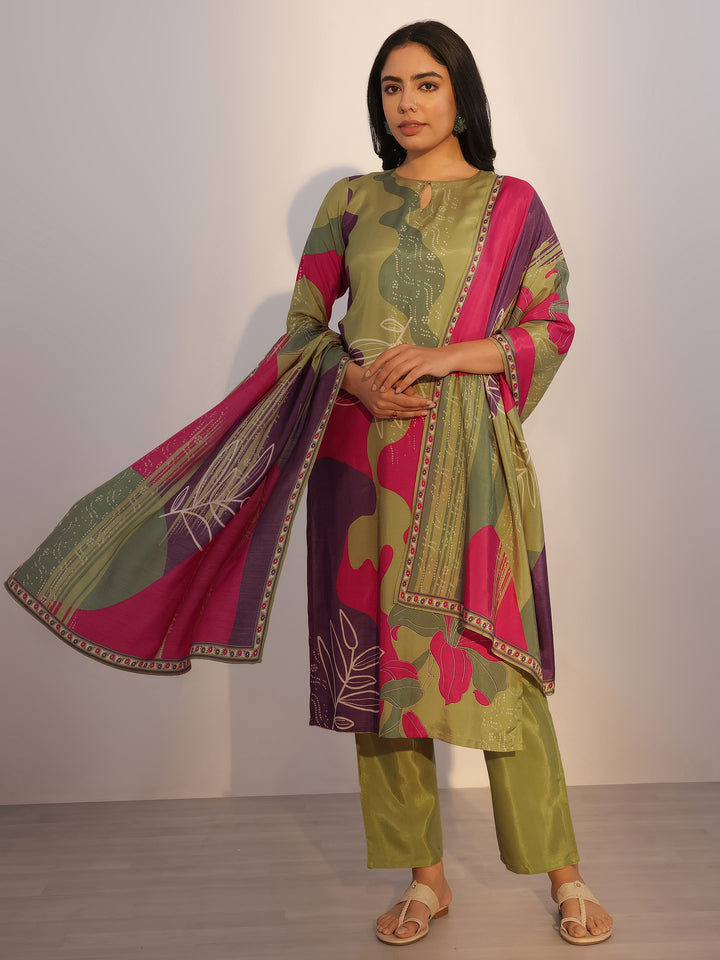 Green Printed Silk Blend Straight Suit With Dupatta