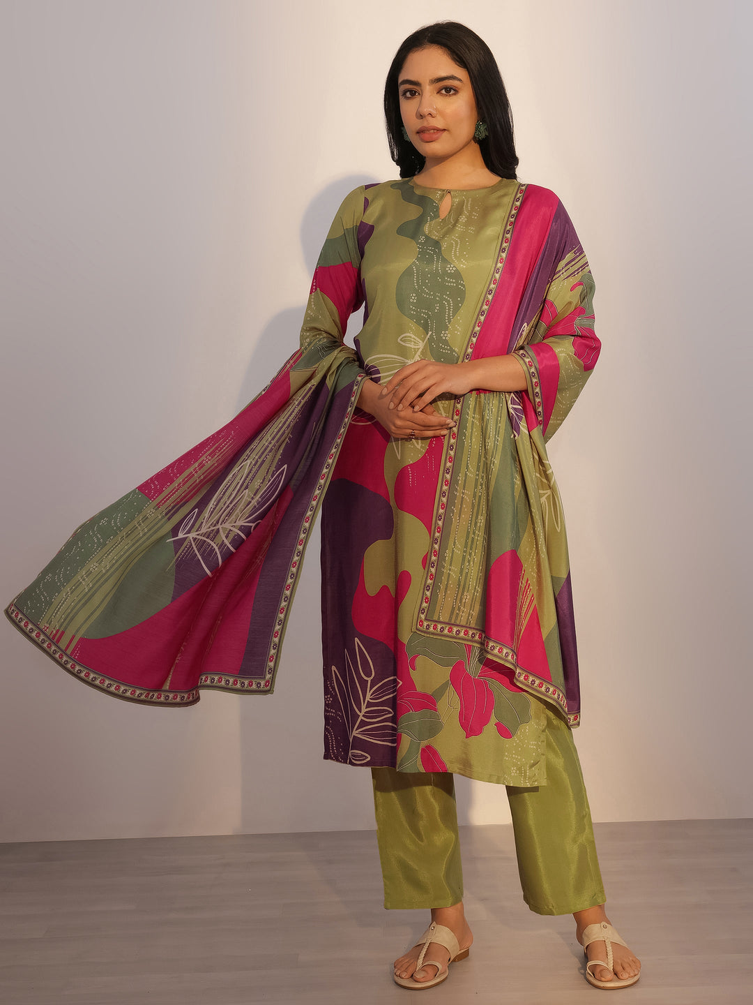 Green Printed Silk Blend Straight Suit With Dupatta