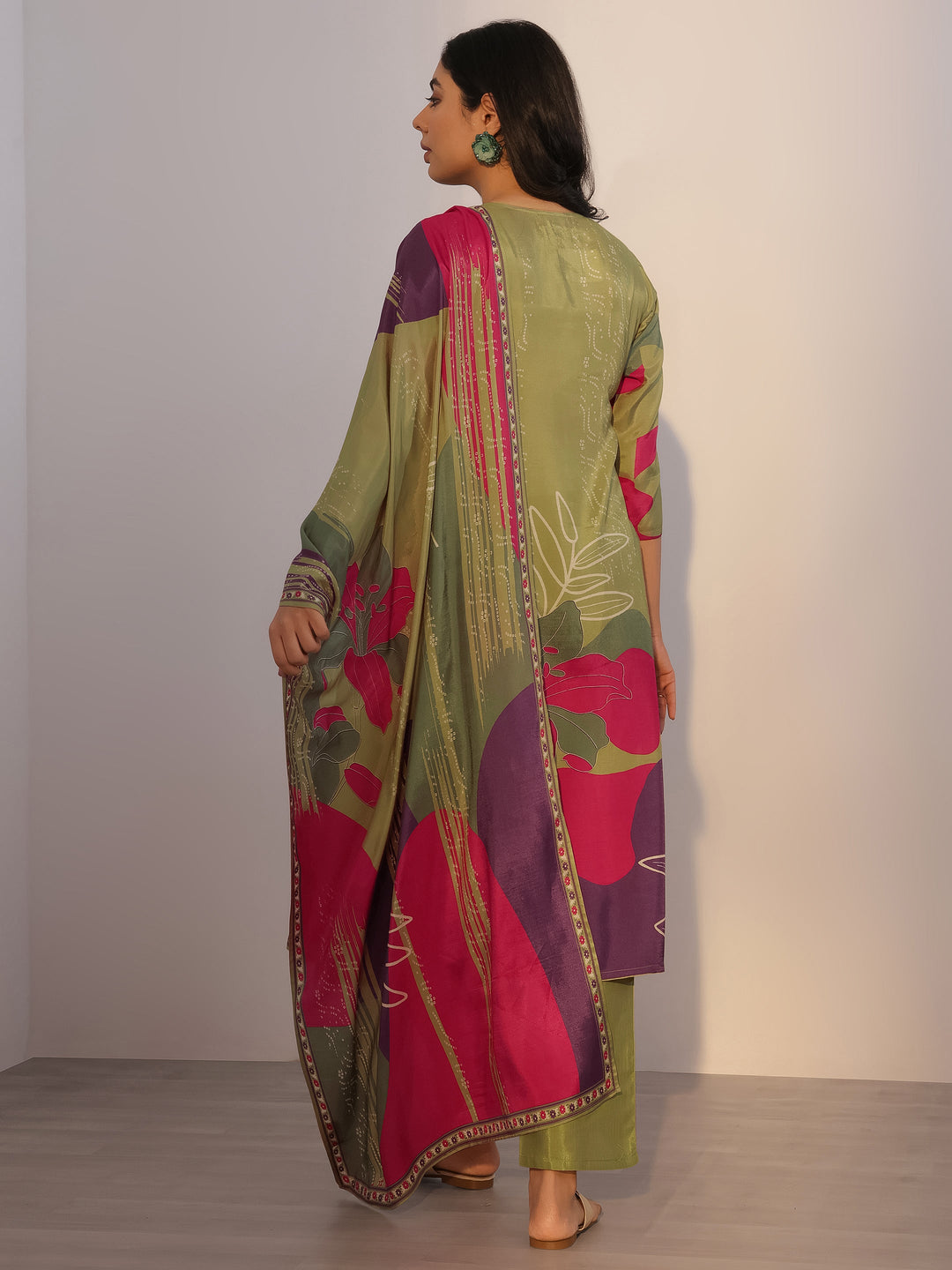 Green Printed Silk Blend Straight Suit With Dupatta