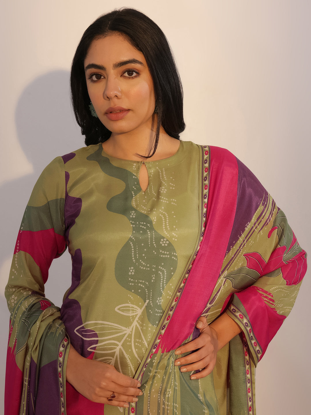 Green Printed Silk Blend Straight Suit With Dupatta