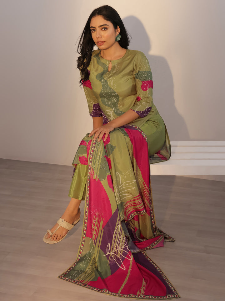 Green Printed Silk Blend Straight Suit With Dupatta