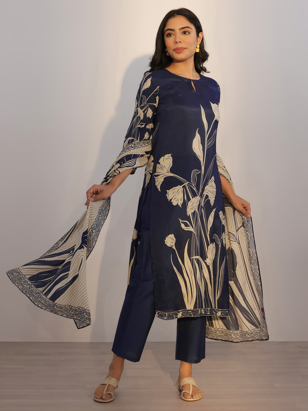 Navy Blue Printed Silk Blend Straight Suit With Dupatta
