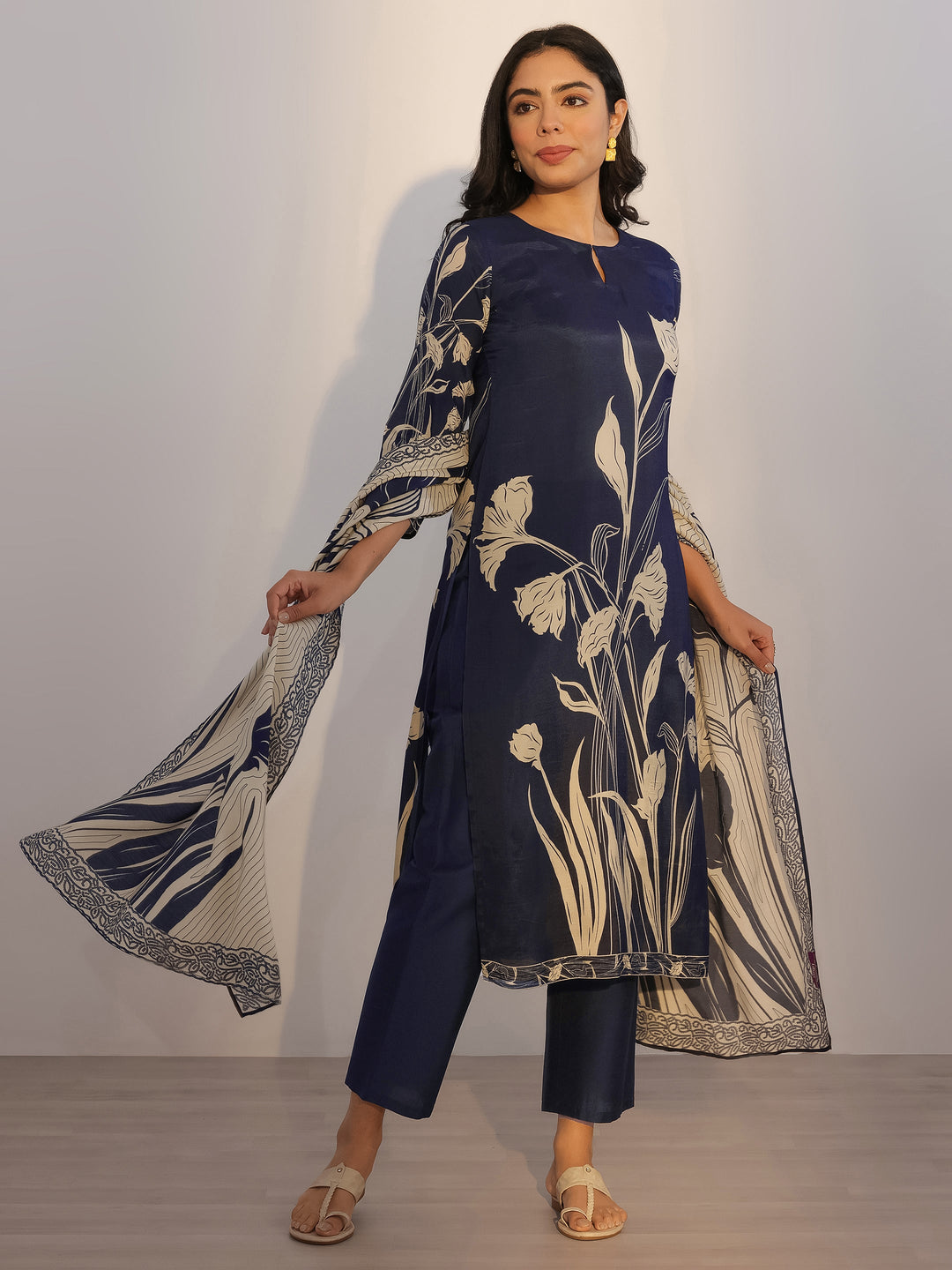 Navy Blue Printed Silk Blend Straight Suit With Dupatta