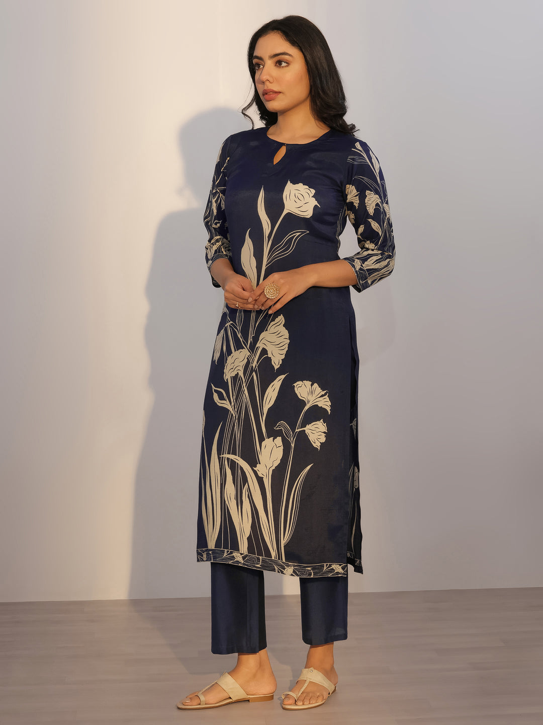 Navy Blue Printed Silk Blend Straight Suit With Dupatta