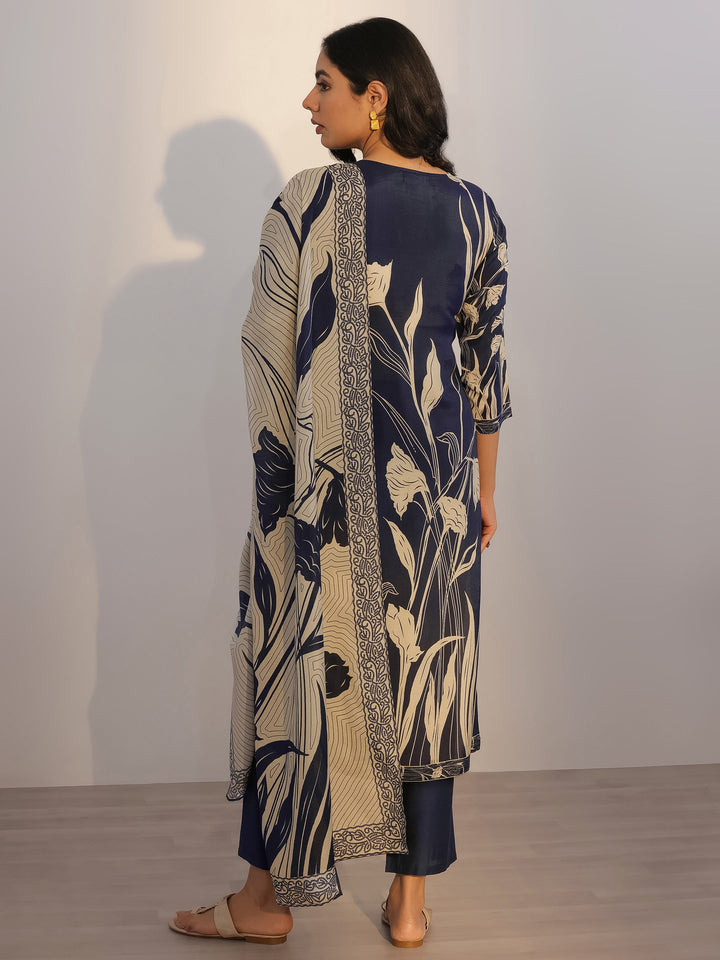Navy Blue Printed Silk Blend Straight Suit With Dupatta