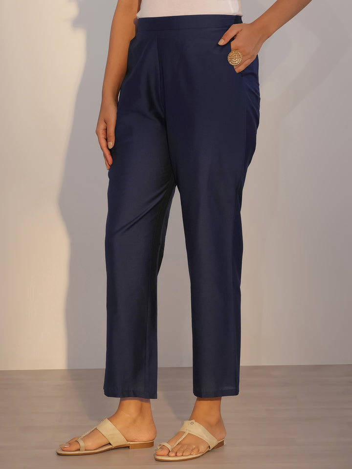 Navy Blue Printed Silk Blend Straight Suit With Dupatta