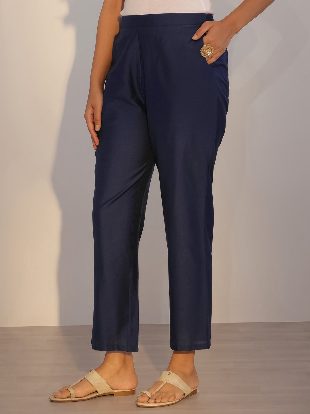 Navy Blue Printed Silk Blend Straight Suit With Dupatta