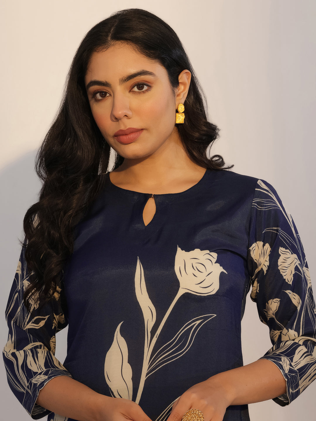 Navy Blue Printed Silk Blend Straight Suit With Dupatta