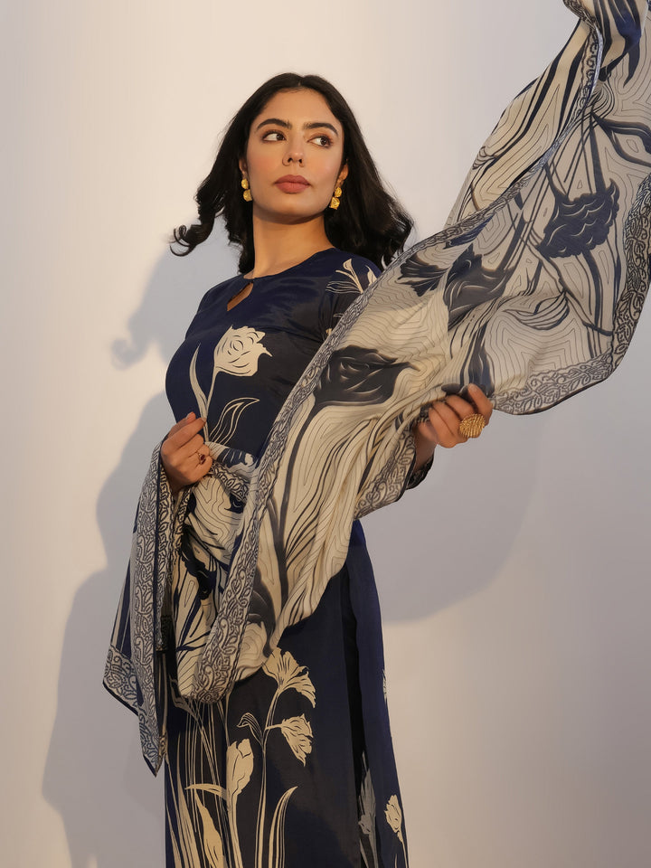Navy Blue Printed Silk Blend Straight Suit With Dupatta