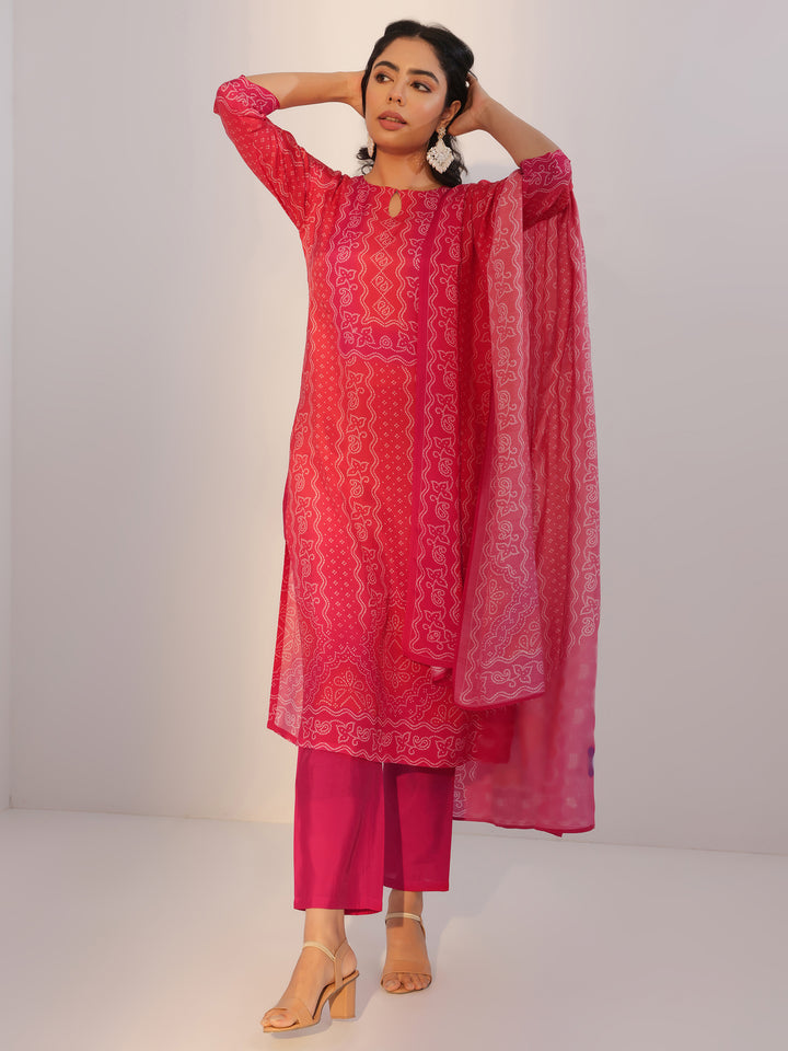Red Printed Silk Blend Straight Suit With Dupatta