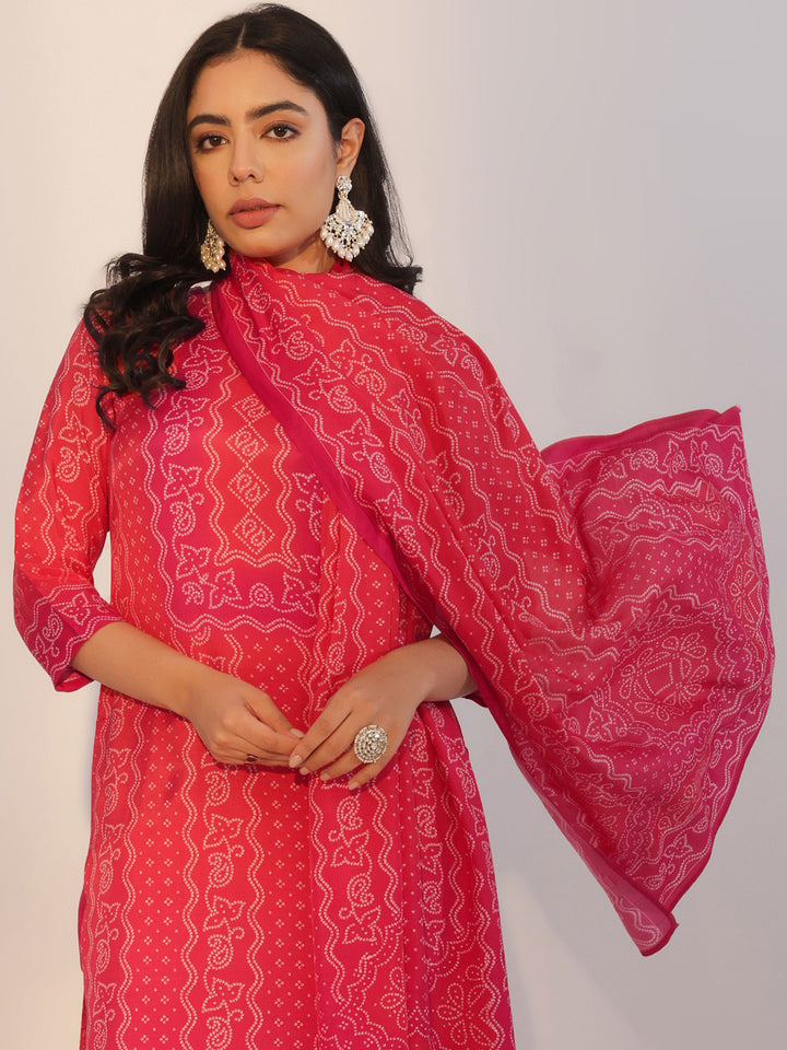 Red Printed Silk Blend Straight Suit With Dupatta