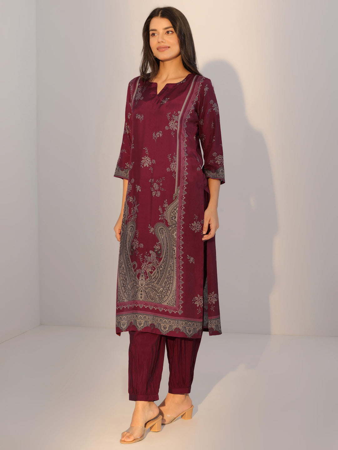 Rust Printed Silk Blend Straight Suit With Dupatta