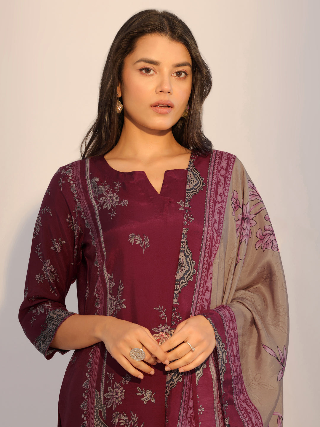 Rust Printed Silk Blend Straight Suit With Dupatta