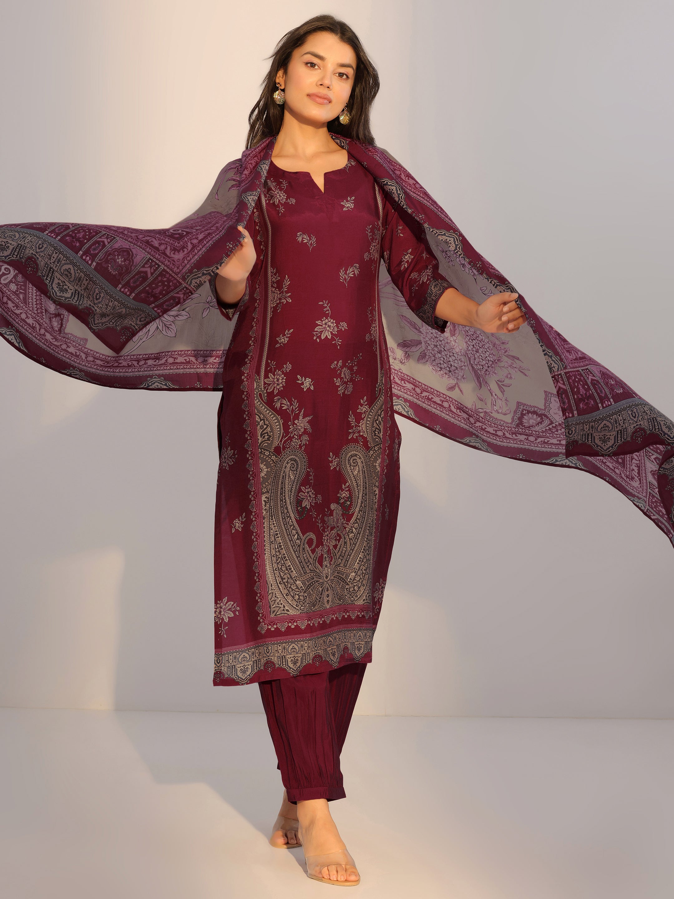 Rust Embroidered Silk Blend A-Line Suit Sets With Dupatta