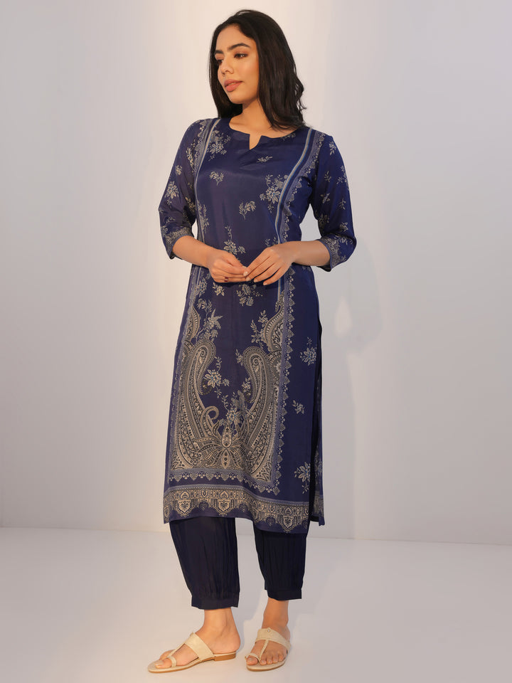 Blue Printed Silk Blend Straight Suit With Dupatta