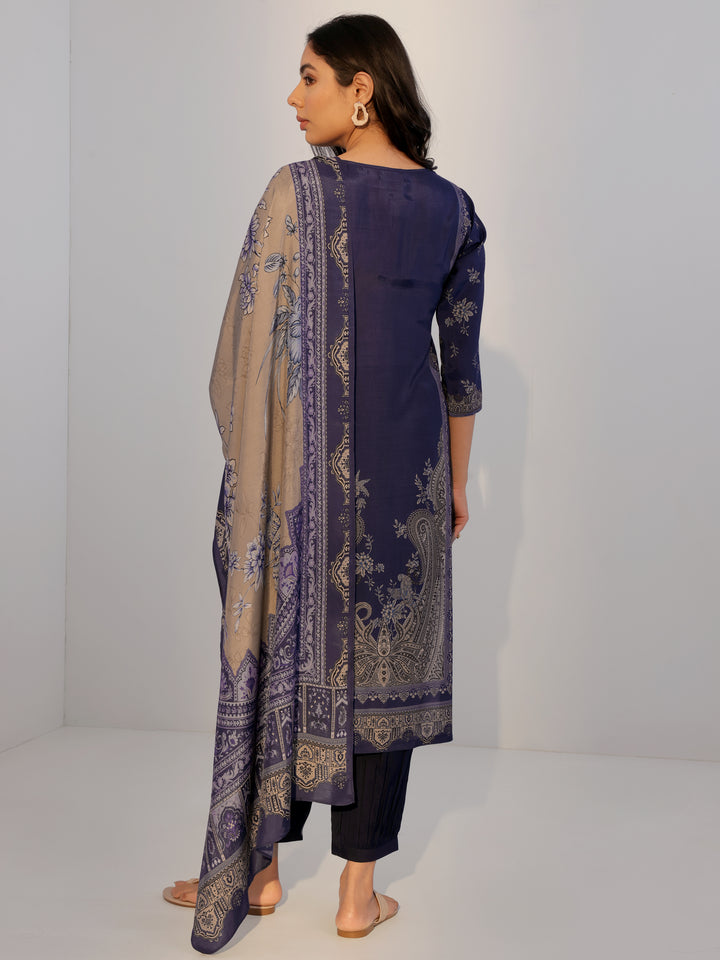 Blue Printed Silk Blend Straight Suit With Dupatta