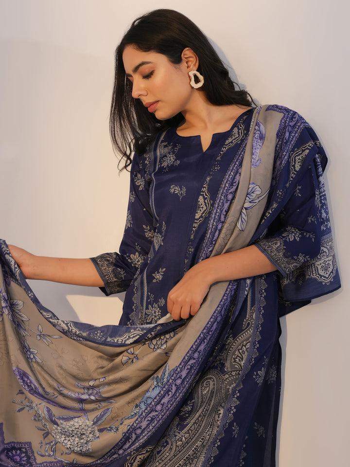 Blue Printed Silk Blend Straight Suit With Dupatta