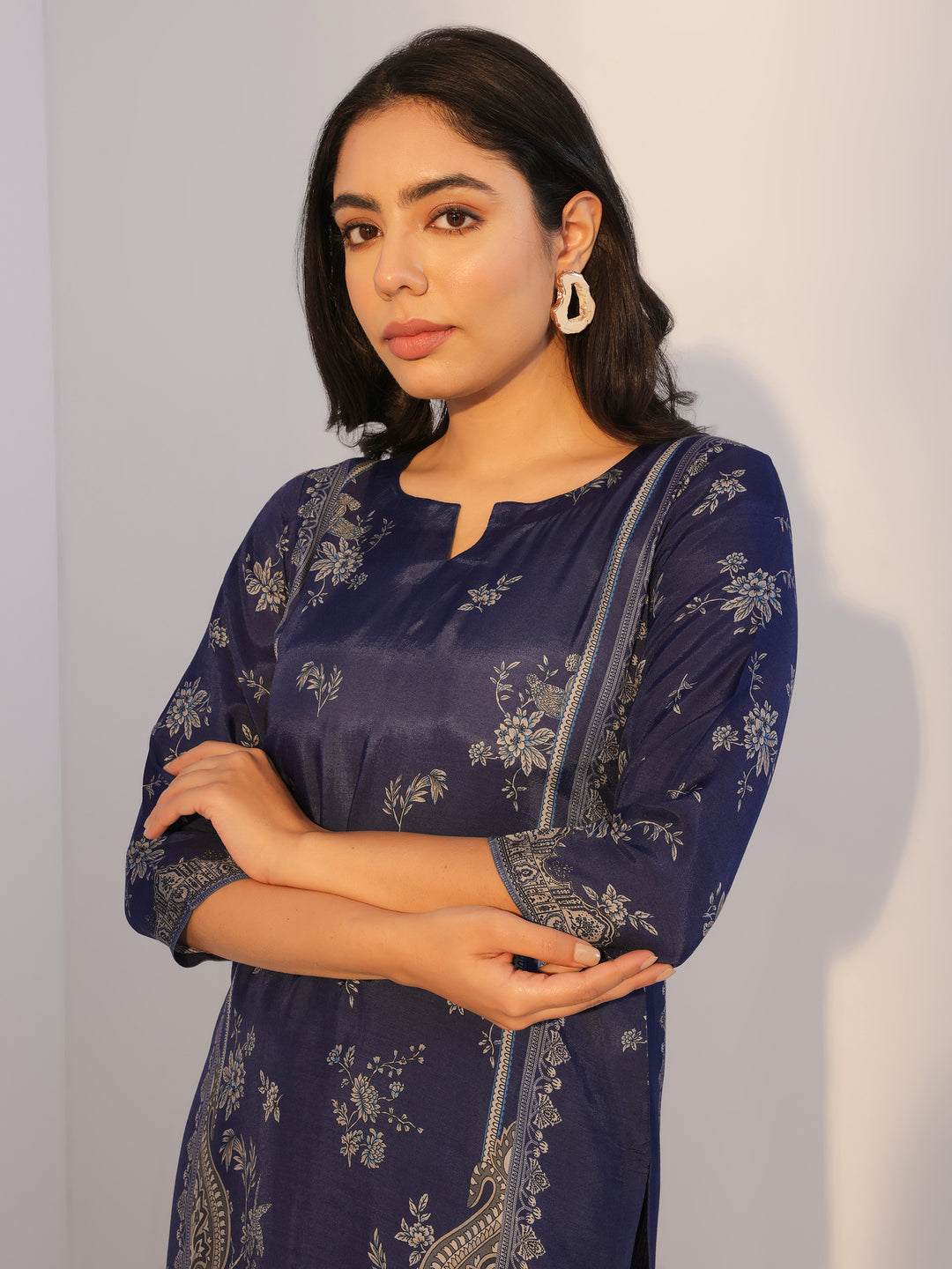 Blue Printed Silk Blend Straight Suit With Dupatta