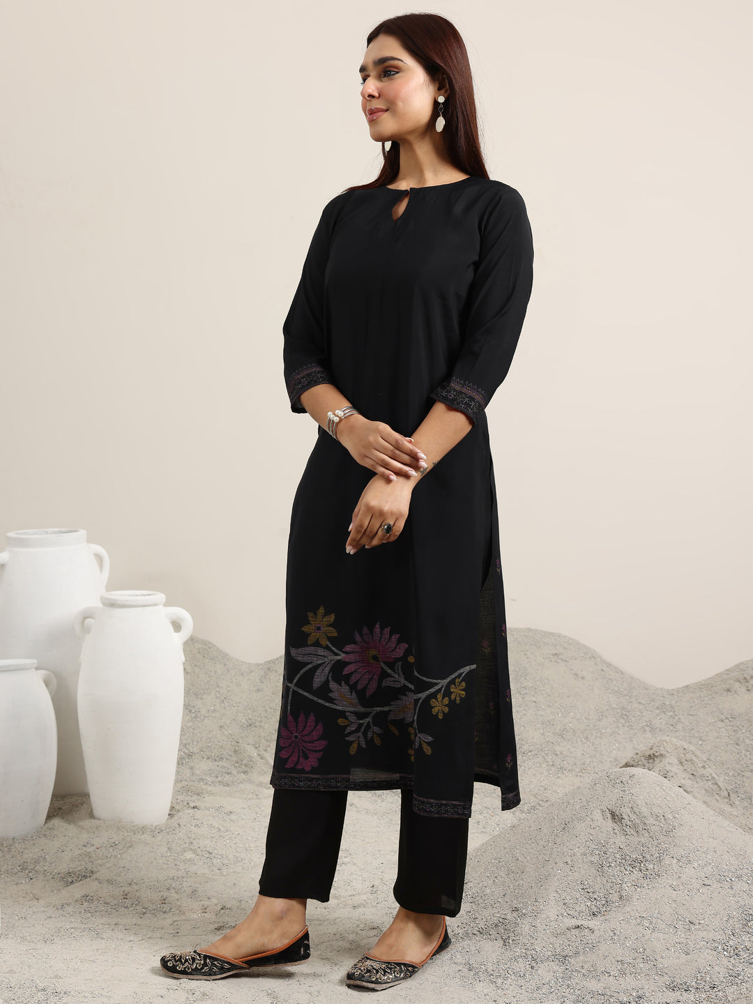 Black Printed Silk Blend Straight Suit With Dupatta