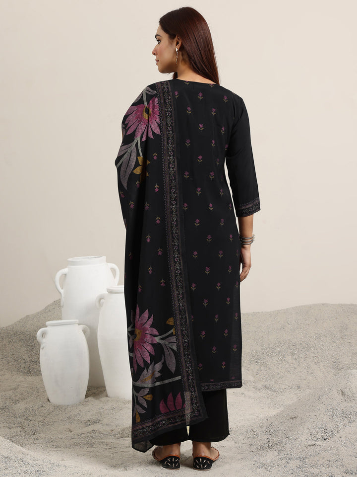 Black Printed Silk Blend Straight Suit With Dupatta