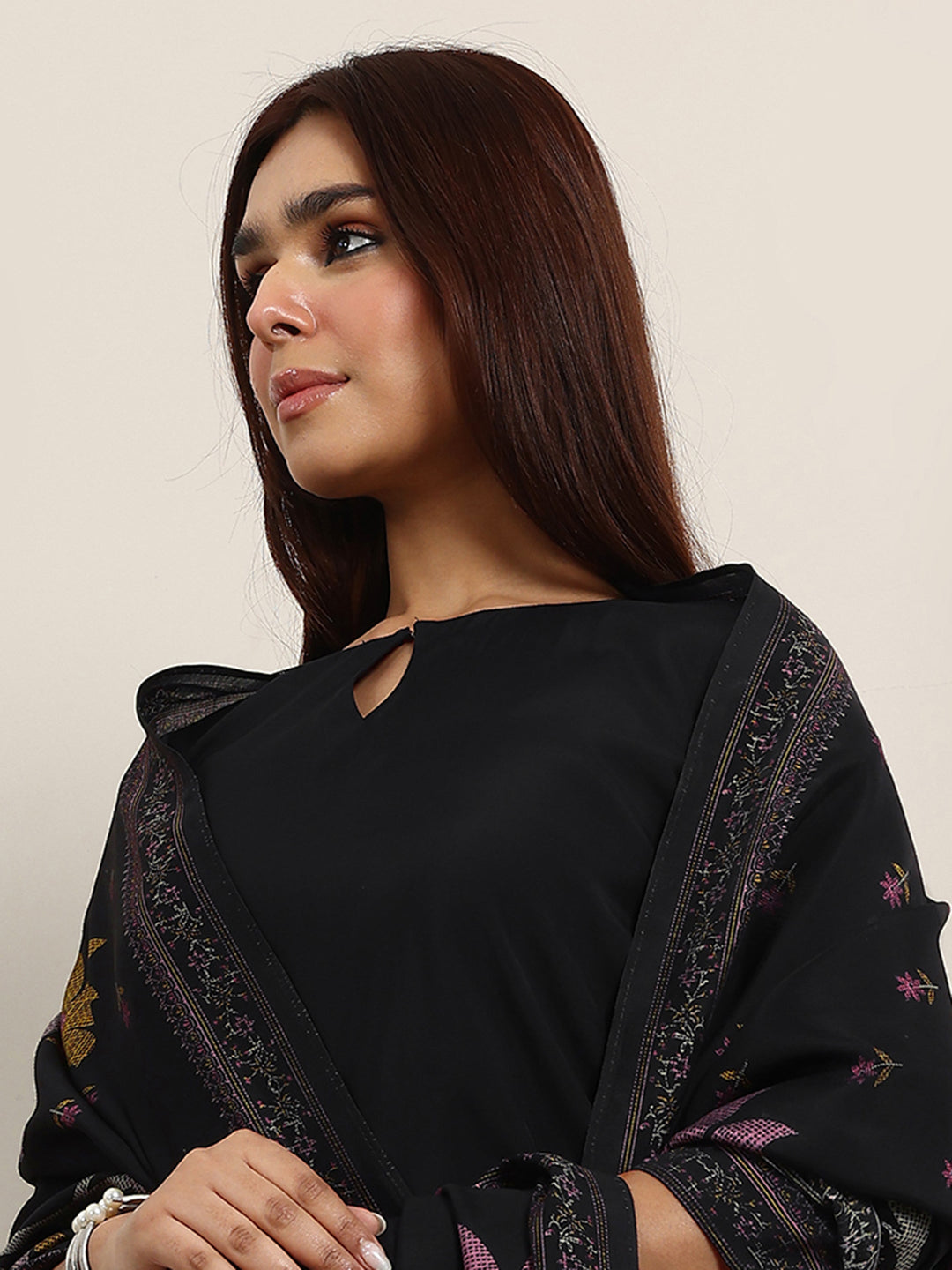 Black Printed Silk Blend Straight Suit With Dupatta