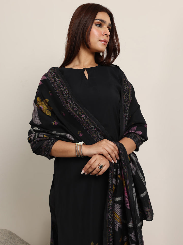 Black Printed Silk Blend Straight Suit With Dupatta