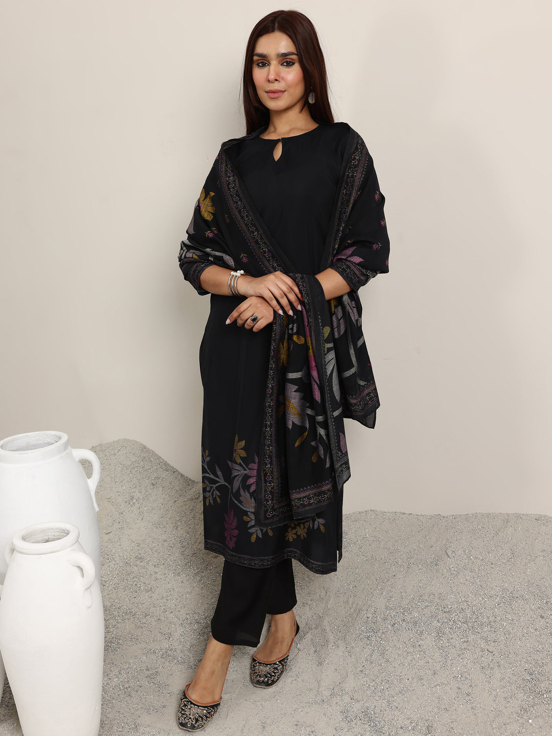 Black Printed Silk Blend Straight Suit With Dupatta