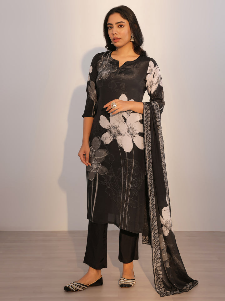 Black Printed Silk Blend Straight Suit With Dupatta