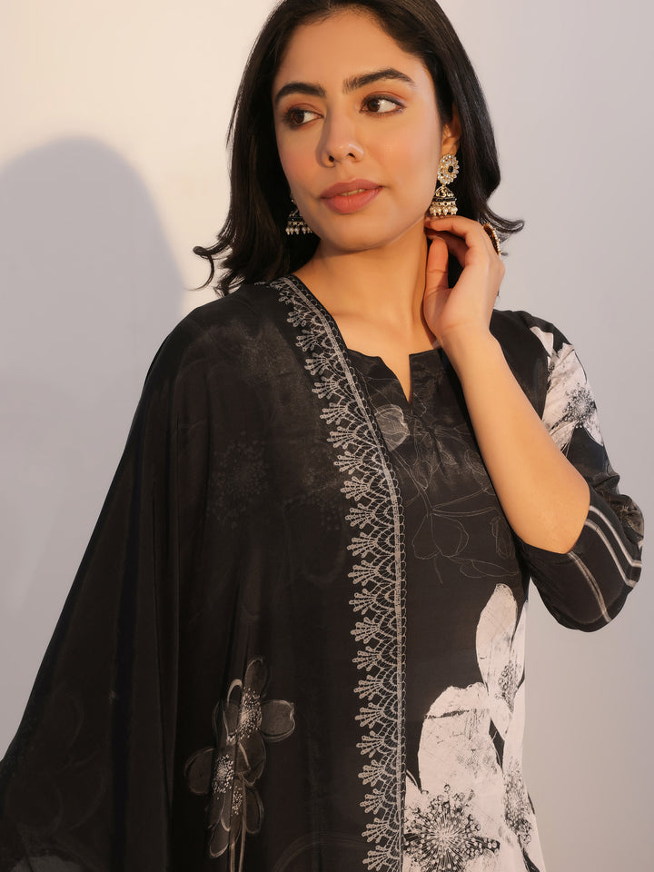 Black Printed Silk Blend Straight Suit With Dupatta