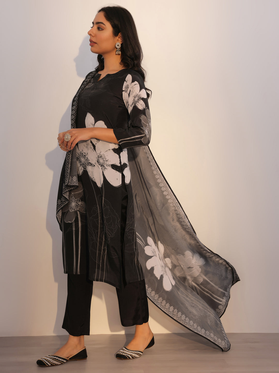 Black Printed Silk Blend Straight Suit With Dupatta
